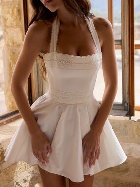 House of CB Cosette White Broderie Anglaise Cotton Halter Neck Mini Dress